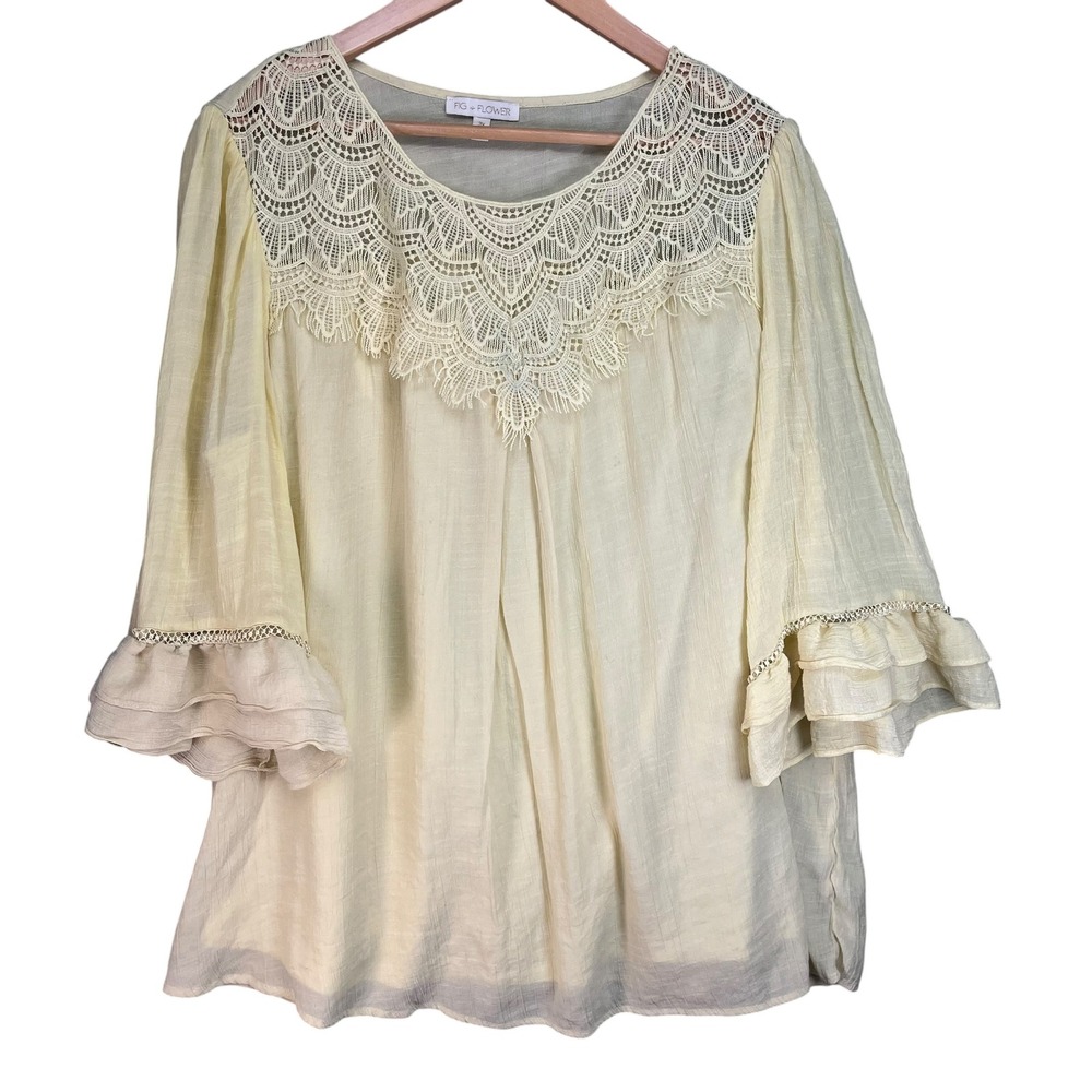 Fig + Flower Cream Crochet Lace Yoke Ruffle Bell Sleeve Boho Blouse 3X